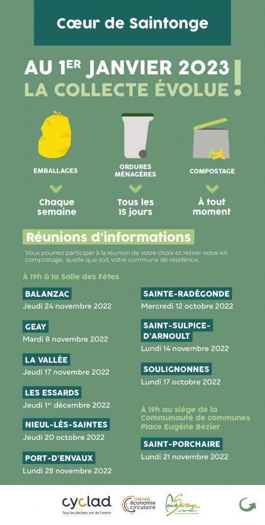 Flyer de présentation de l'évolution de la collecte des ordures ménagères en Coeur de Saintonge, janvier 2022.